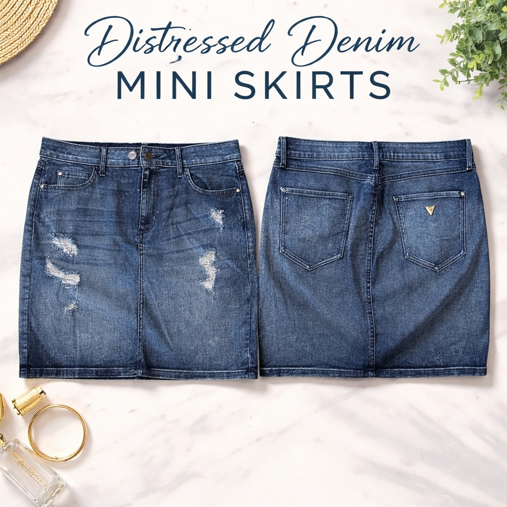 Vintage Guess Los Angeles Denim Mini Skirt - Distressed Blue - Size L